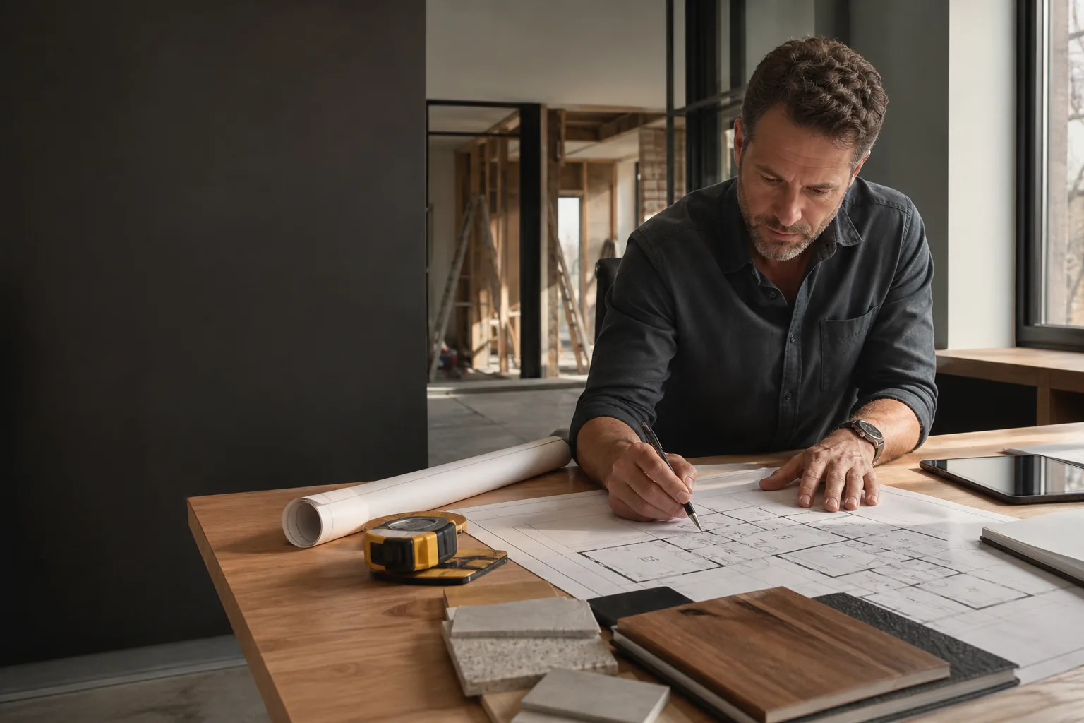 Construction professional reviewing plans and material samples