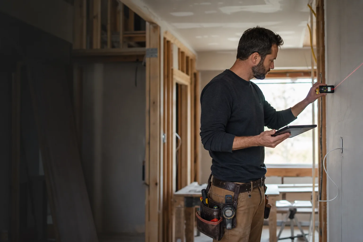 Construction professional measuring a renovation