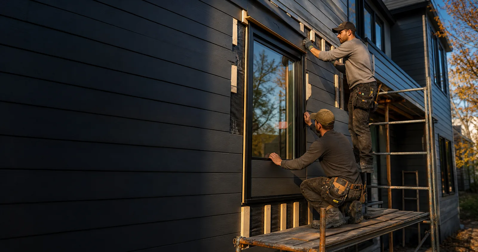 Workers installing exterior siding and window