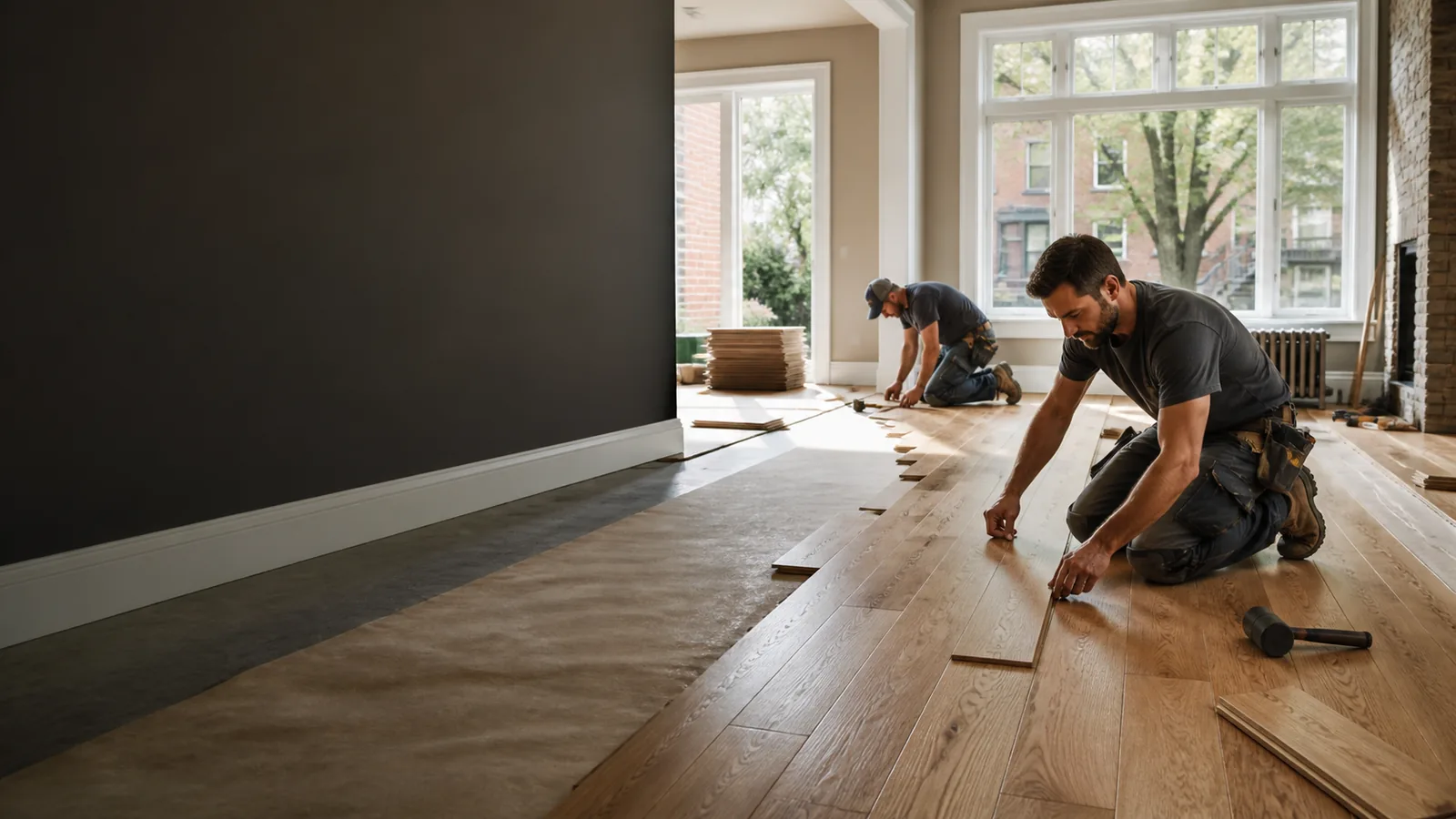 Hardwood flooring installation in progress